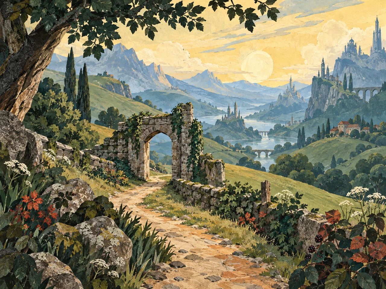 An original illustration of a stone gateway opening onto a valley of distant towers