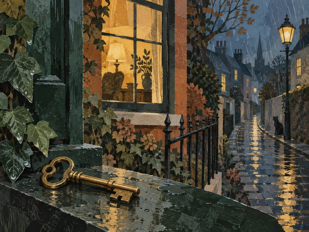 An original illustration of a brass key beside a warmly lit window and a rainy lane