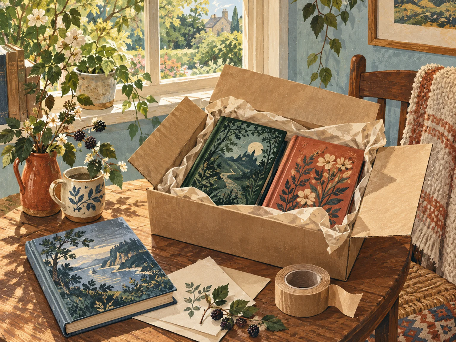 Painted illustration of pre-loved books nestled in a kraft-paper parcel beside a garden window