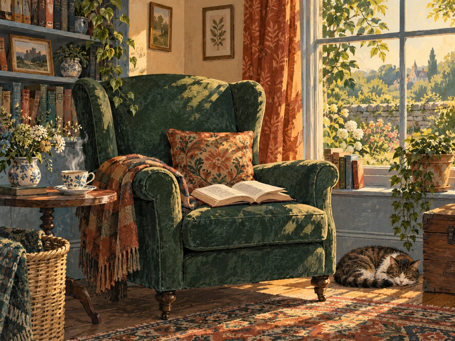 Painted illustration of a green armchair, an open book and a sunlit garden window
