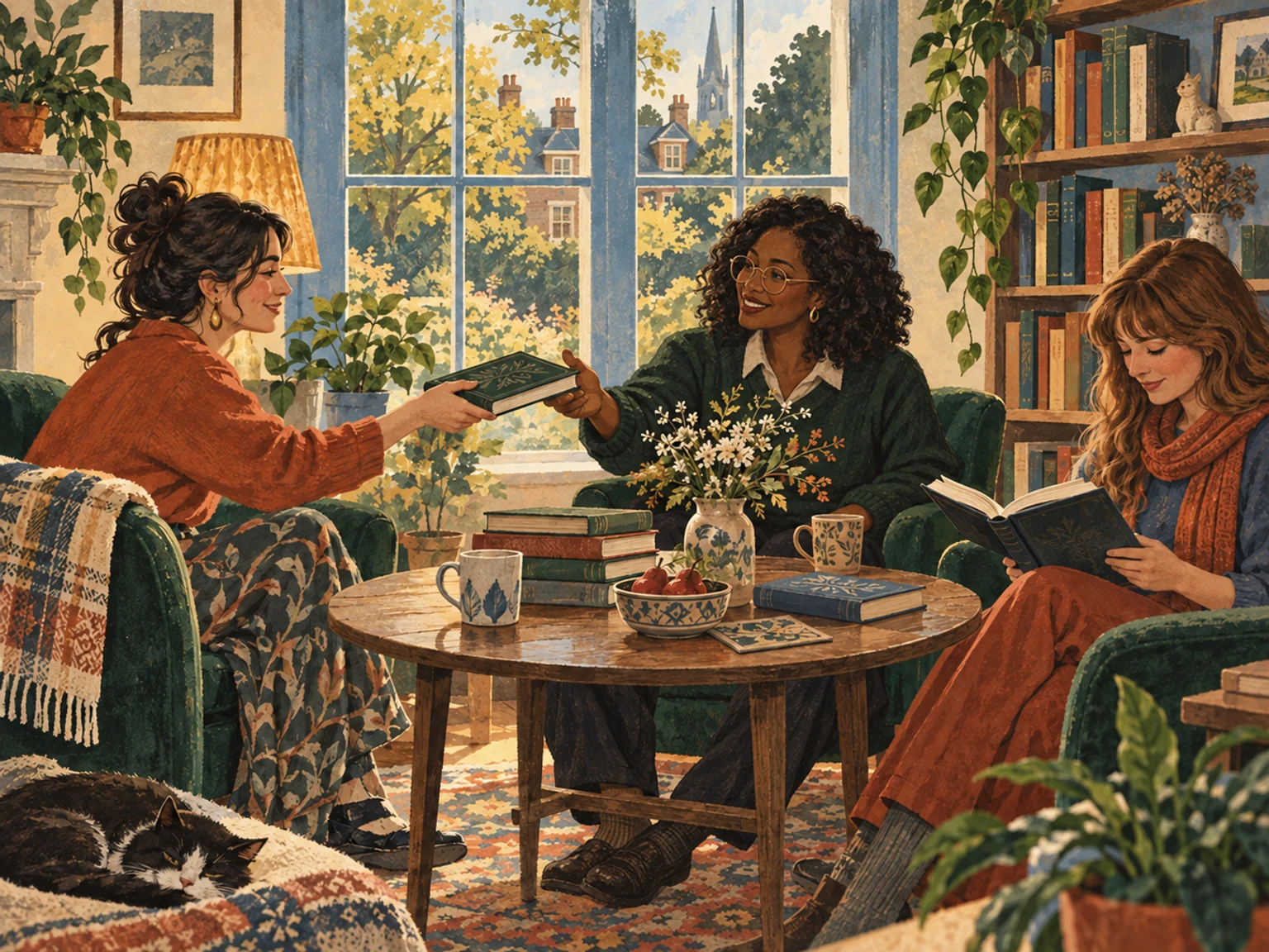 Painted illustration of three women sharing books around a table in a welcoming reading room